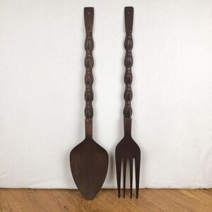 VTG MCM  TIKI 39" Tall Brown Hand Carved Fork & Spoon Wall Decor Philippines